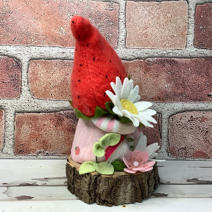 Strawberry Hat Gnome Girl & Flora on Natural Wood Base