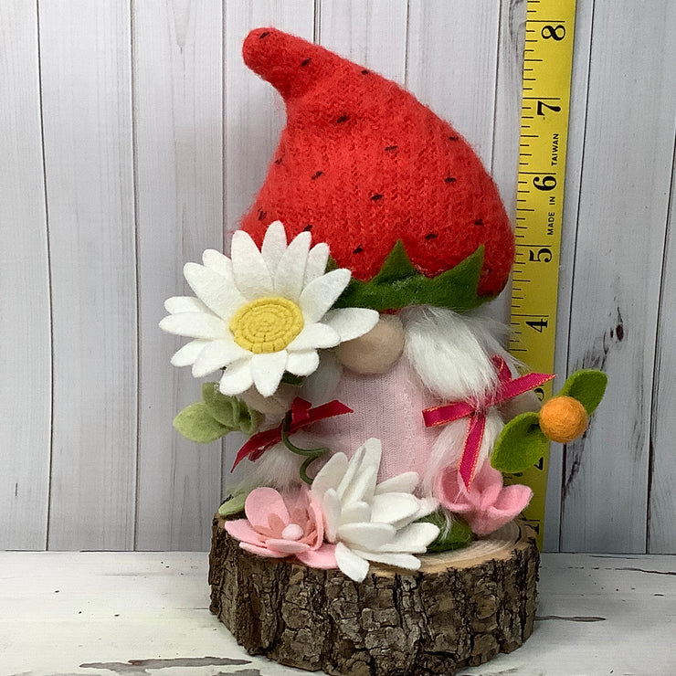 Strawberry Hat Gnome Girl & Flora on Natural Wood Base