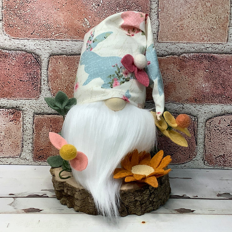 Vintage Bunny Hat Gnome & Flora on Natural Wood Base