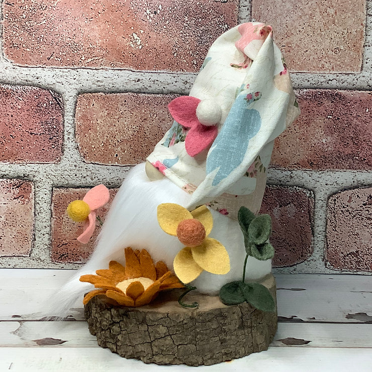 Vintage Bunny Hat Gnome & Flora on Natural Wood Base