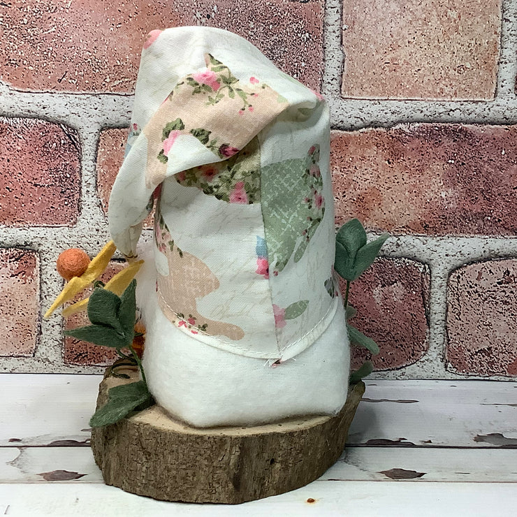 Vintage Bunny Hat Gnome & Flora on Natural Wood Base