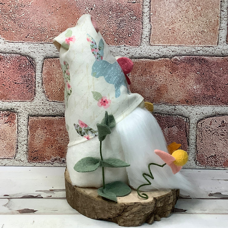 Vintage Bunny Hat Gnome & Flora on Natural Wood Base