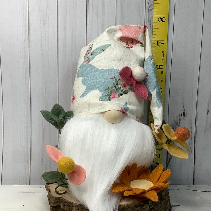 Vintage Bunny Hat Gnome & Flora on Natural Wood Base