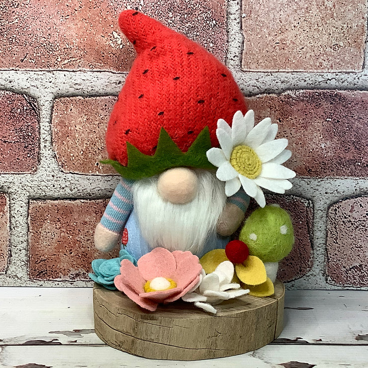 Strawberry Gnome Boy, Mushroom & Flora on Natural Wood Base