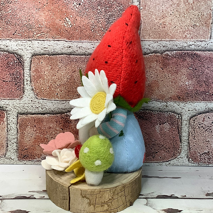 Strawberry Gnome Boy, Mushroom & Flora on Natural Wood Base