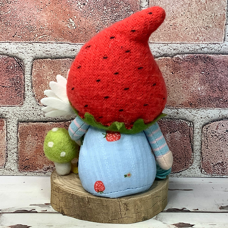 Strawberry Gnome Boy, Mushroom & Flora on Natural Wood Base
