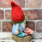 Strawberry Gnome Boy, Mushroom & Flora on Natural Wood Base