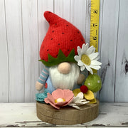 Strawberry Gnome Boy, Mushroom & Flora on Natural Wood Base