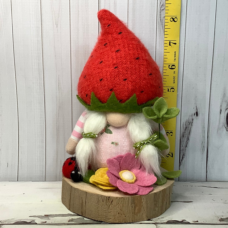 Strawberry Gnome Girl, LadyBug & Flora on Natural Wood Base