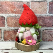 Strawberry Gnome Girl, LadyBug & Flora on Natural Wood Base
