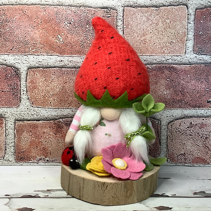 Strawberry Gnome Girl, LadyBug & Flora on Natural Wood Base