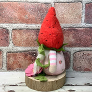 Strawberry Gnome Girl, LadyBug & Flora on Natural Wood Base