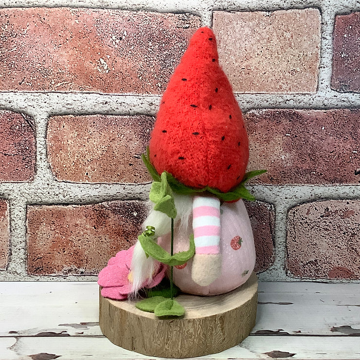 Strawberry Gnome Girl, LadyBug & Flora on Natural Wood Base