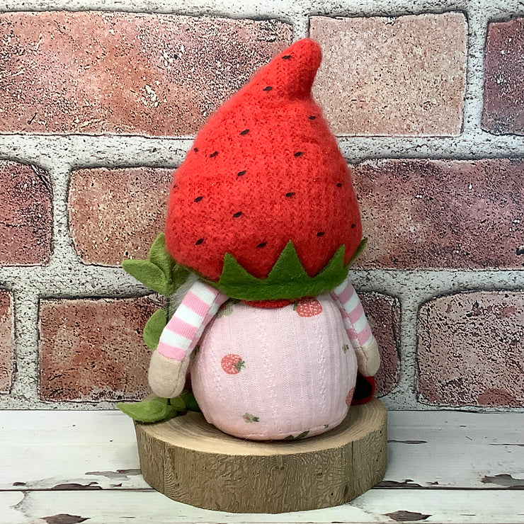 Strawberry Gnome Girl, LadyBug & Flora on Natural Wood Base