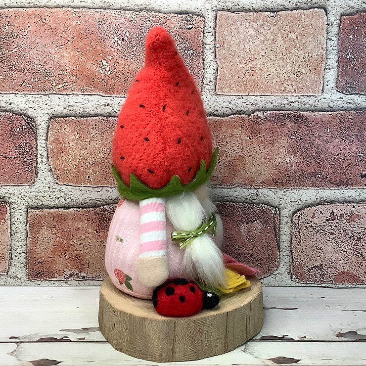 Strawberry Gnome Girl, LadyBug & Flora on Natural Wood Base
