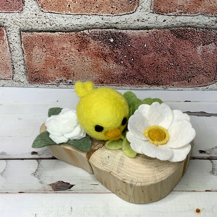 Wooly Yellow Birdy & Flora on Natural Wood Base