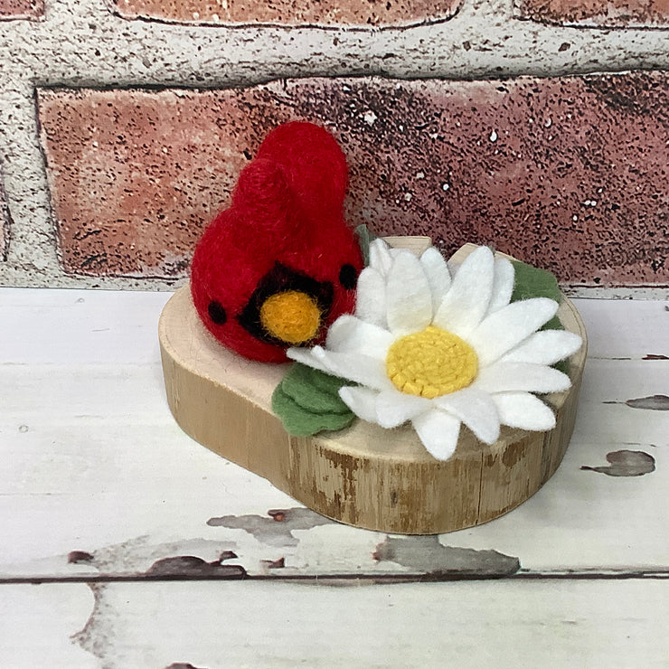 Wooly Cardinal with White Daisy Flora on Natural Wood Base