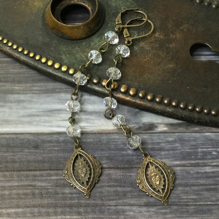 Frannie/Vintage Crystal Chain & Bronze Milagro Heart Brass Earrings