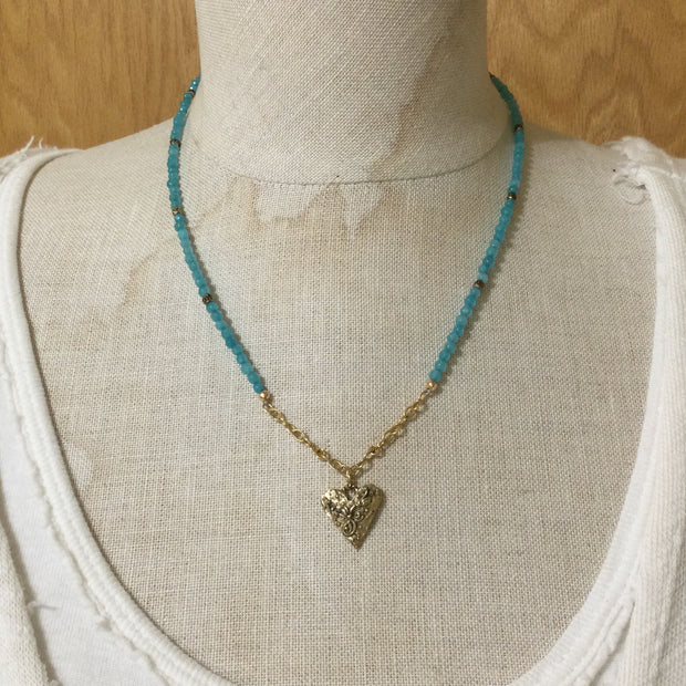Jolene/18” Apatite & Bronze Heart Gold Necklace