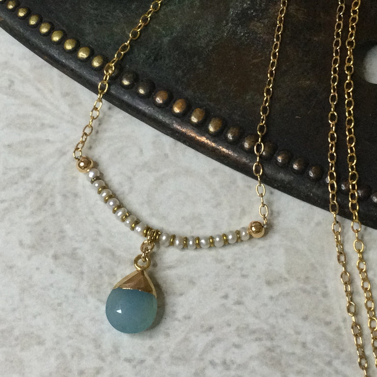 Cameron/18” Santorini Blue Chalcedony Pearl Bar & Gold Necklace