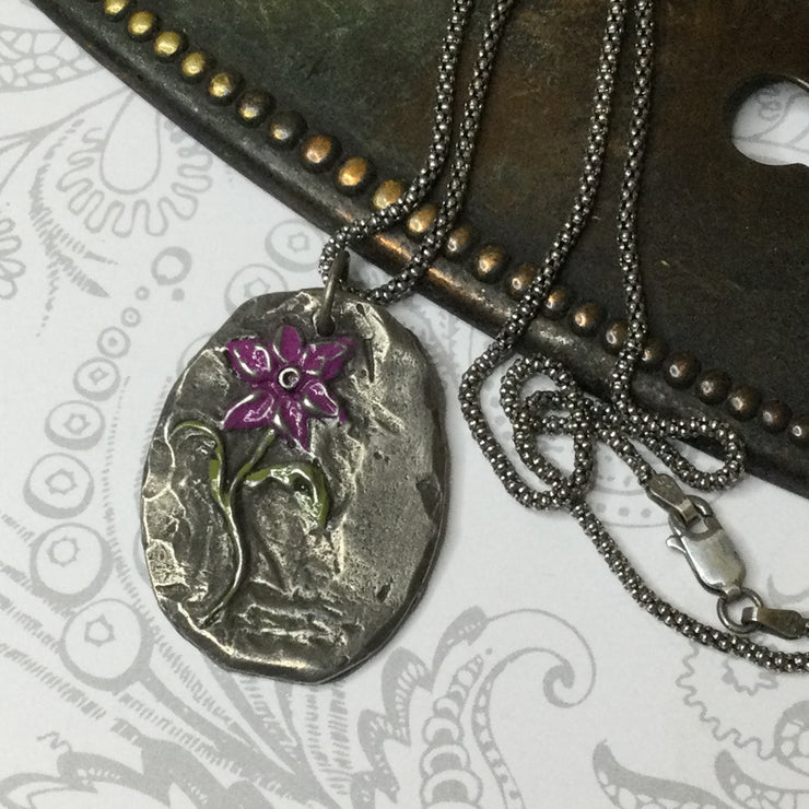 Lucia/18” Handpainted Floral Pendant Sterling Silver Necklace