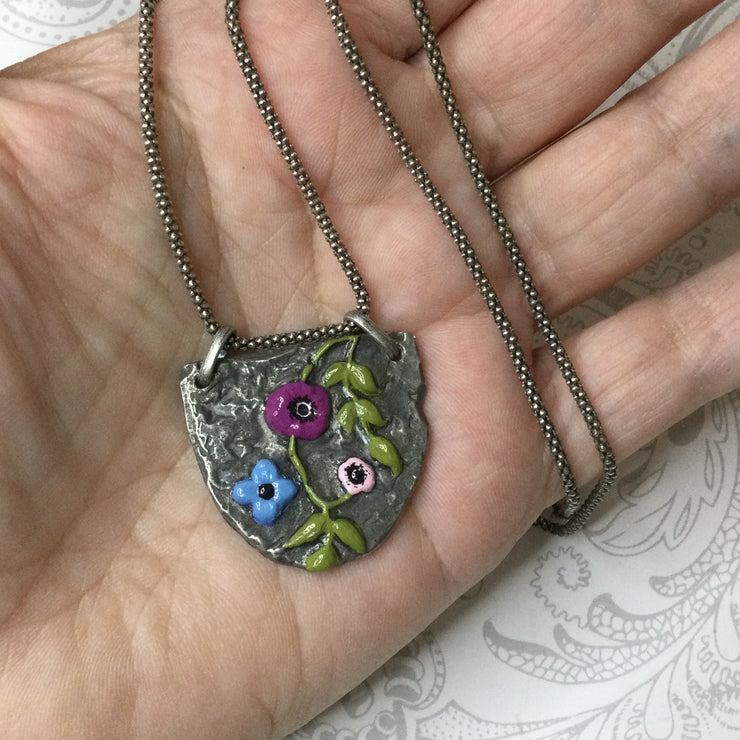 Darla/20” Handpainted Floral Pendant Sterling Silver Necklace