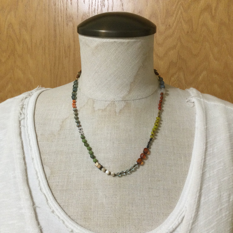 Mo/18” Mixed Beads & Leather Gold Necklace