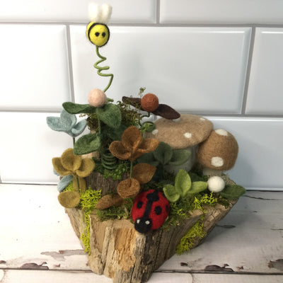 Mushrooms & Buddies on 3-Tier Natural Tree Stump