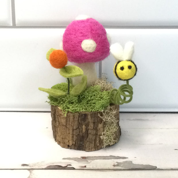Raspberry Wooly Mushroom, Bee & Bud on Natural Tree Stump