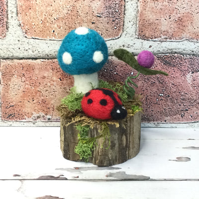 Teal Wooly Mushroom, Ladybug & Bud on Natural Tree Stump