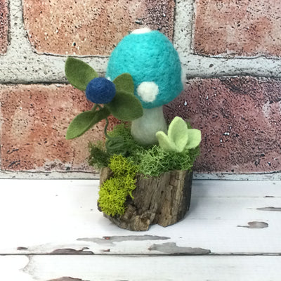 Robin's Egg Blue Wooly Mushroom with Buds on Natural Tree Stump