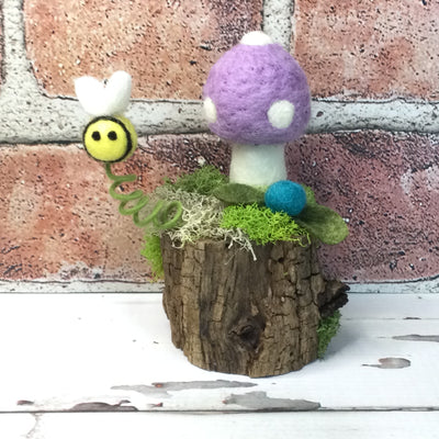 Lavender Wooly Mushroom, Bee & Bud on Natural Tree Stump