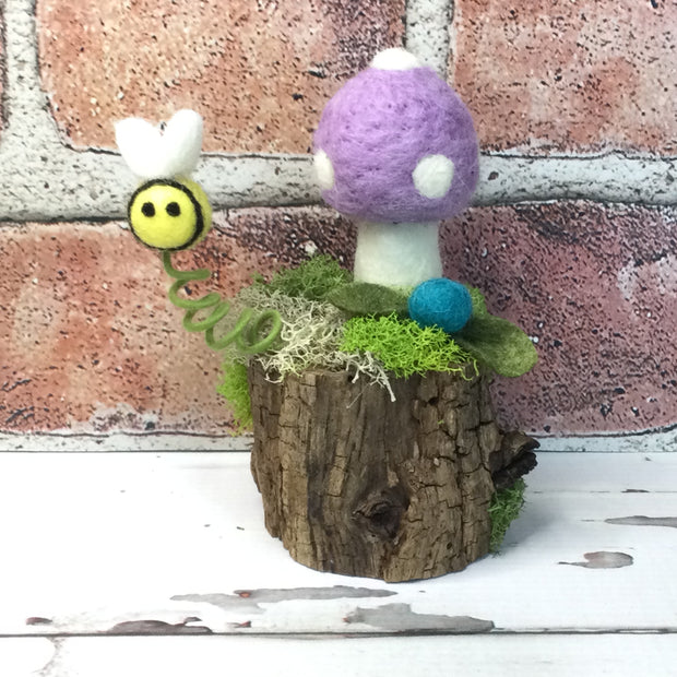 Lavender Wooly Mushroom, Bee & Bud on Natural Tree Stump