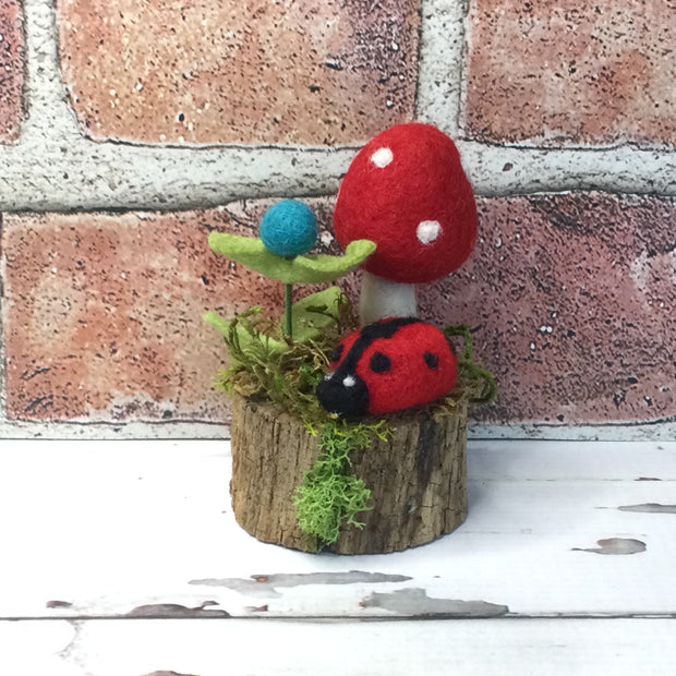 Red Wooly Mushroom, Ladybug & Bud on Natrual Tree Stump
