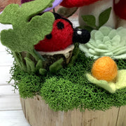 2 Red Wooly Mushrooms, LadyBug, Bee & Flora on Natural Wood Base