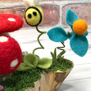 2 Red Wooly Mushrooms, LadyBug, Bee & Flora on Natural Wood Base