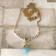 Cameron/18” Santorini Blue Chalcedony Pearl Bar & Gold Necklace