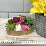 Berry, Pink, White, Teal & Green Succulent Garden on Natural Wood Base