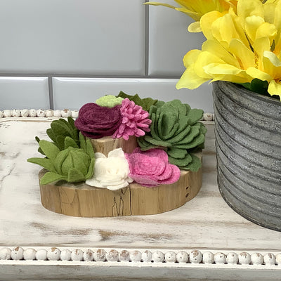 Berry, Pink, White, Teal & Green Succulent Garden on Natural Wood Base