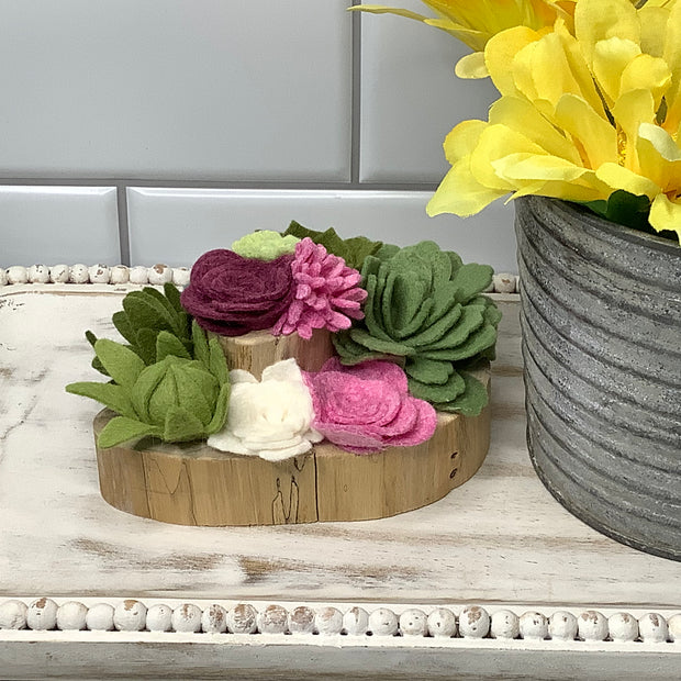 Berry, Pink, White, Teal & Green Succulent Garden on Natural Wood Base