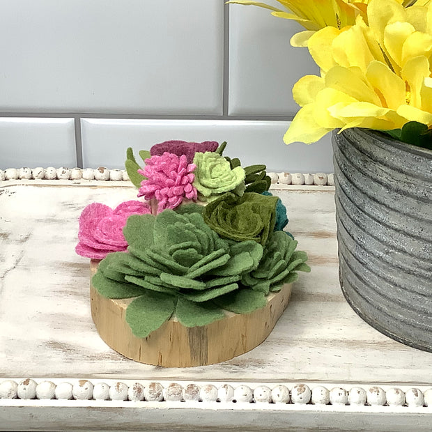 Berry, Pink, White, Teal & Green Succulent Garden on Natural Wood Base