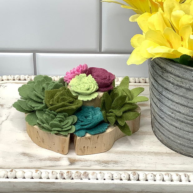 Berry, Pink, White, Teal & Green Succulent Garden on Natural Wood Base