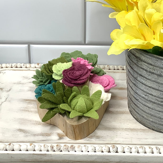 Berry, Pink, White, Teal & Green Succulent Garden on Natural Wood Base