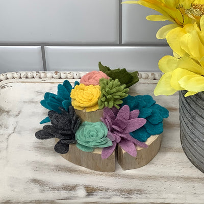 Lavender, Teal, Green & Mustard Succulent Garden on Natural Wood Base