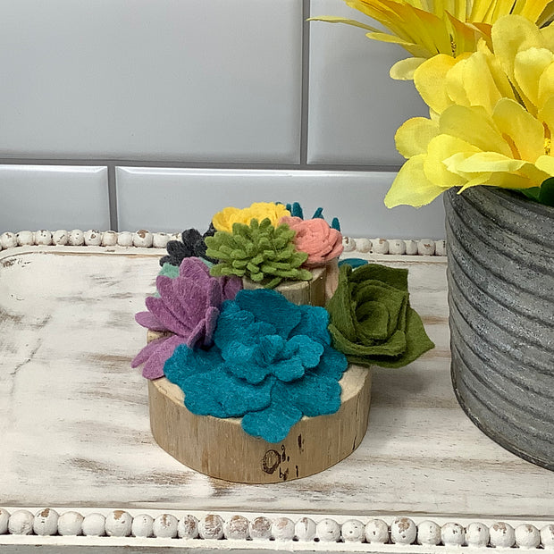 Lavender, Teal, Green & Mustard Succulent Garden on Natural Wood Base