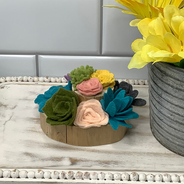 Lavender, Teal, Green & Mustard Succulent Garden on Natural Wood Base