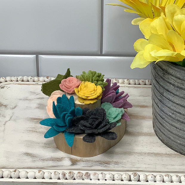 Lavender, Teal, Green & Mustard Succulent Garden on Natural Wood Base