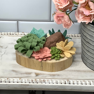 Blush, Cream & Green Succulent Garden with Stone on Natural Wood Base
