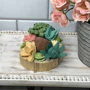 Blush, Cream & Green Succulent Garden with Stone on Natural Wood Base