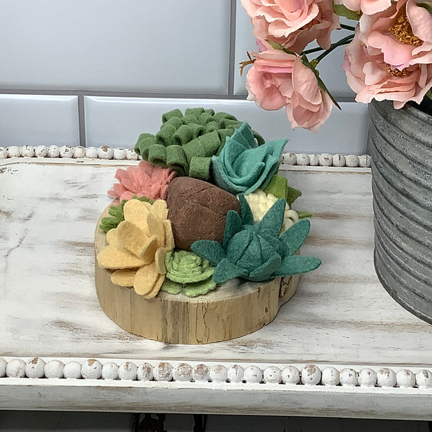 Blush, Cream & Green Succulent Garden with Stone on Natural Wood Base